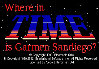 Where in Time is Carmen Sandiego? title screen for Sega Mega Drive
